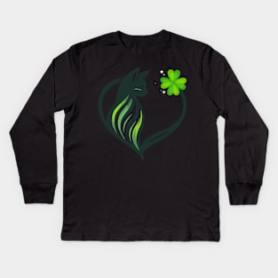 Cat And Shamrocks Leaf Clover Lucky St Patrick Kids Long Sleeve T-Shirt